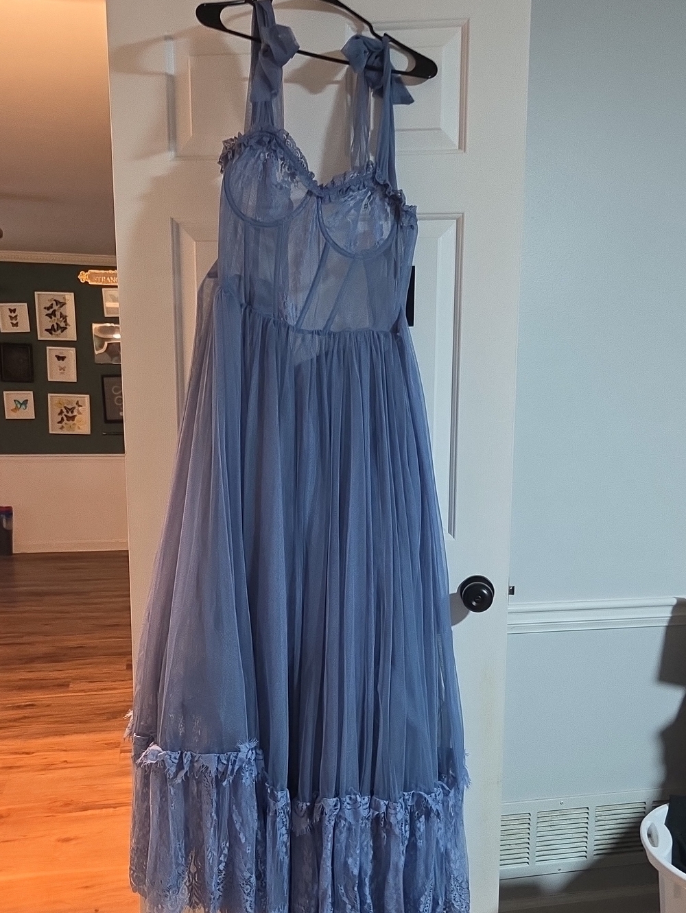 Dolls Kill Widow Dance With Death Dusty Blue Sheer Tie-Shoulder Maxi Dress NWT